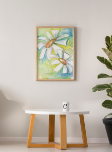 Blomster plakat med margueritter malet af danske mund- og fodmalende kunstner Ann Lund Wahlberg