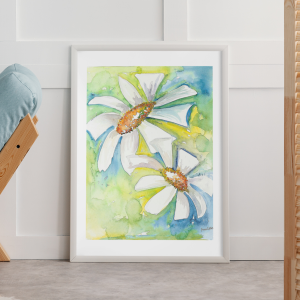 Blomster plakat med margueritter malet af danske mund- og fodmalende kunstner Ann Lund Wahlberg