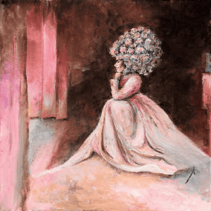 Plakat med motiv af blomsterpige, der venter på sceneskift, malet med munden af Ann Lund Wahlberg fra Danmark.