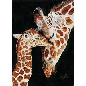 Plakat med motiv af girafmor og girafunge malet med munden af kunstner Nancy Hall fra USA