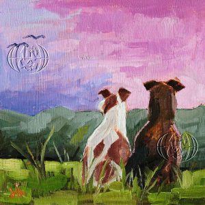 Natur plakat med motiv af to hunde, som kigger mod himlen, malet af tyske mundmaler Lars Höllerer