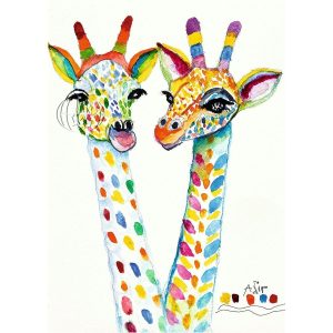 Plakat med to farvestrålende giraffer, malet med munden af kunstner Itzhak Adir fra Israel.