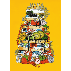 Plakat med motiv af en frugtkage, malet med munden af Jennie Sjöström fra Sverige.